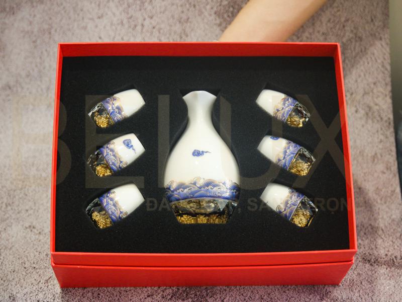 Bộ Bình Ly Sứ Vân Mây Đúc Vàng Lá 24k