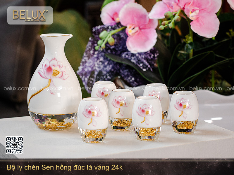 Bộ Ly Chén Sen Hồng Đúc Lá Vàng 24k