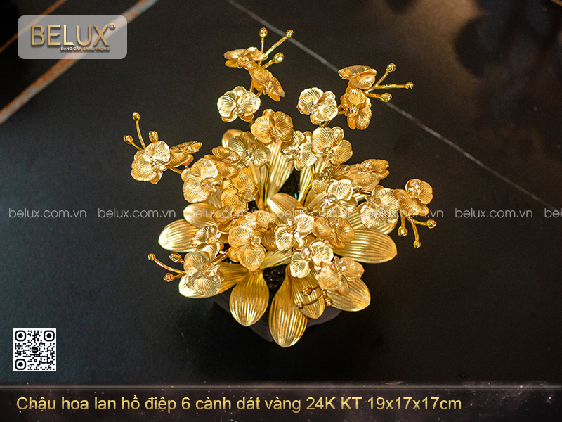Chậu hoa lan hồ điệp 6 cành dát vàng 24K KT 19x17x17cm
