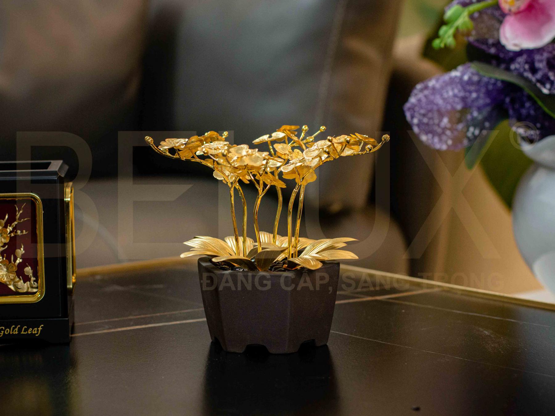 Chậu hoa lan hồ điệp 6 cành dát vàng 24K KT 19x17x17cm