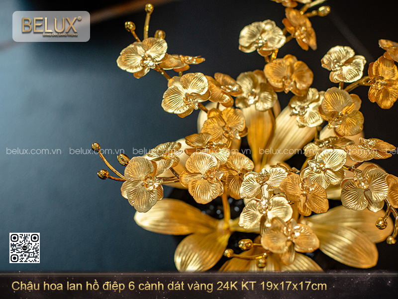 Chậu hoa lan hồ điệp 6 cành dát vàng 24K KT 19x17x17cm