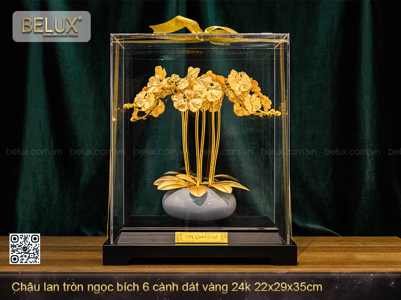 Chậu Lan Tròn Ngọc Bích 6 Cành Dát Vàng 24k