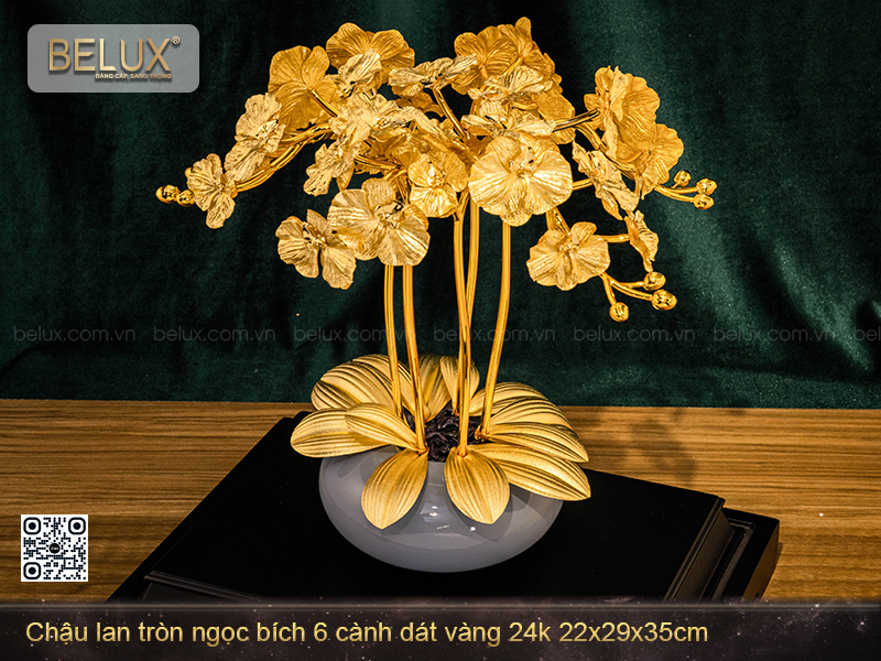 Chậu Lan Tròn Ngọc Bích 6 Cành Dát Vàng 24k