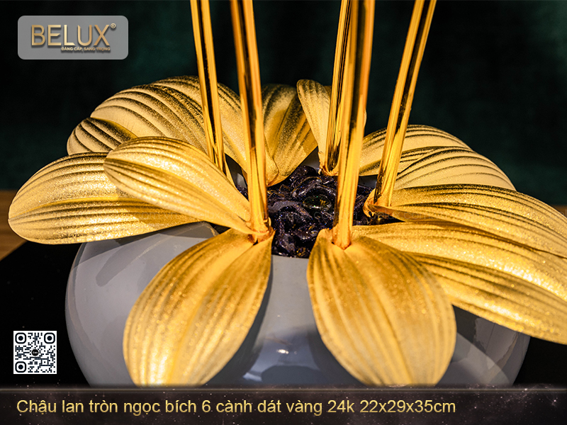 Chậu Lan Tròn Ngọc Bích 6 Cành Dát Vàng 24k