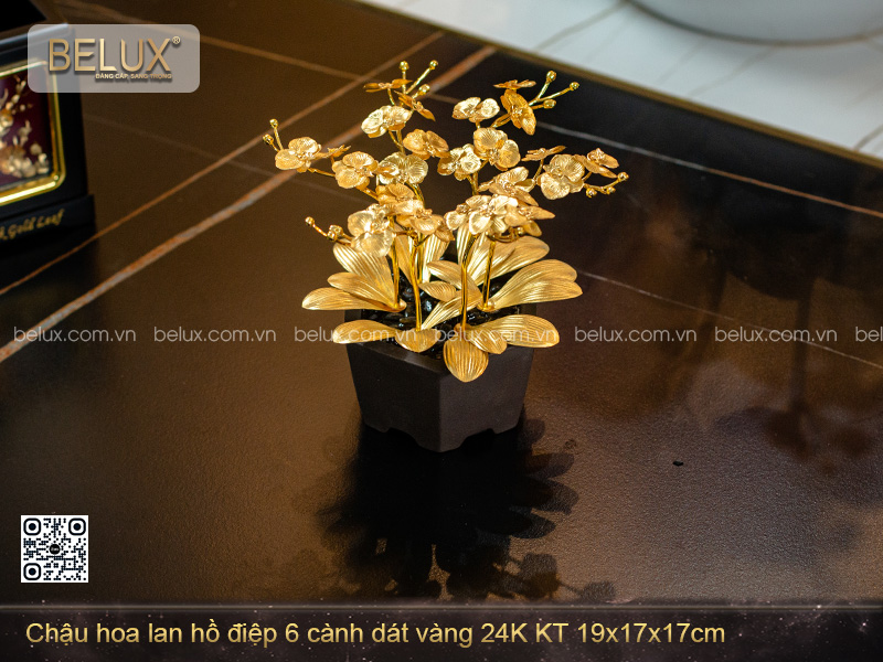 Chậu hoa lan hồ điệp 6 cành dát vàng 24K KT 19x17x17cm