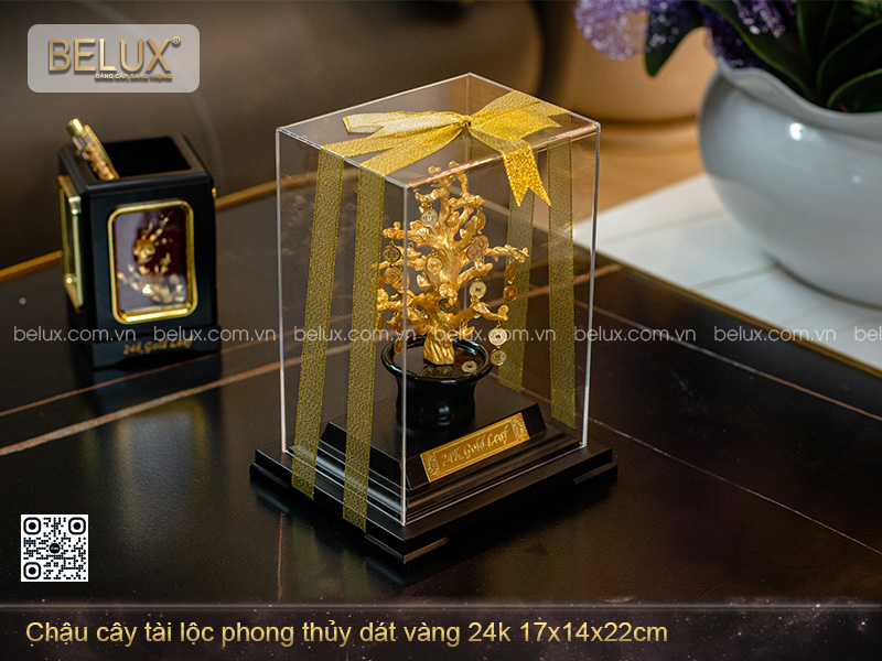 Chậu Cây Tài Lộc Phong Thủy Dát Vàng 24k 17x14x22cm