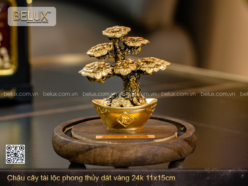 Chậu cây tài lộc phong thủy dát vàng 24k 11x15cm