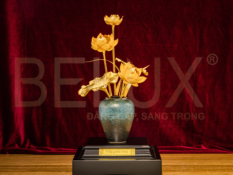 Bình Hoa Sen Men Hỏa Biến 5 Nhánh Dát Vàng 24k