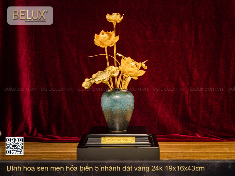 Bình Hoa Sen Men Hỏa Biến 5 Nhánh Dát Vàng 24k