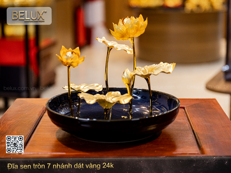 Đĩa Sen Tròn 7 Nhánh Dát Vàng 24k