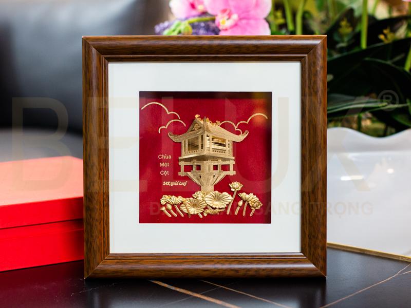 Tranh Chùa Một Cột Dát Vàng 24k 25x25cm