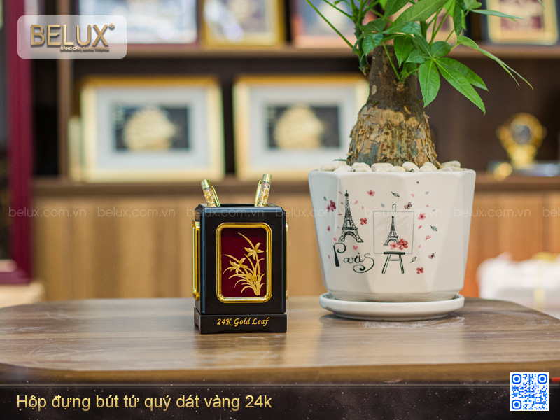 Hộp Đựng Bút Tứ Quý Dát Vàng 24K
