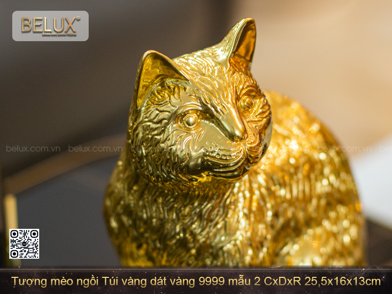 Tượng Mèo ngồi Túi vàng dát vàng 9999 25,5x16x13cm