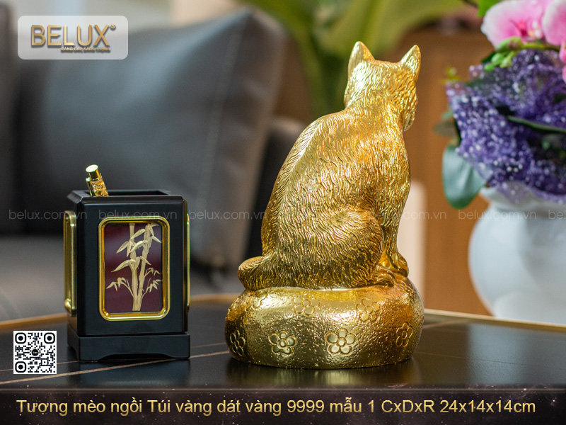 Tượng Mèo ngồi Túi vàng dát vàng 9999
