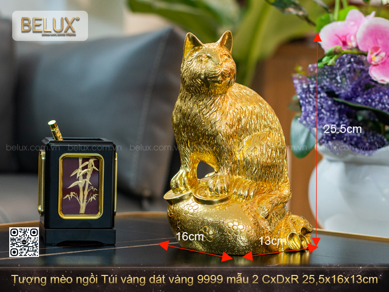 Tượng Mèo ngồi Túi vàng dát vàng 9999 25,5x16x13cm