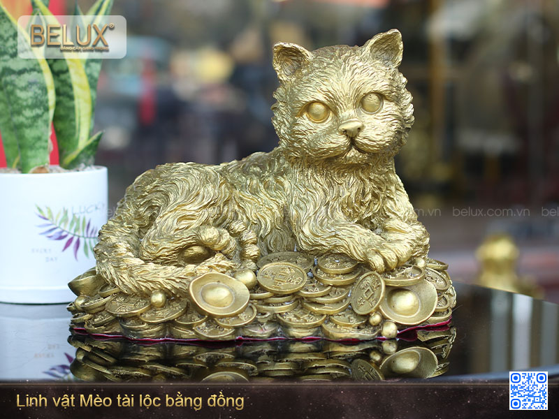 Tượng mèo tài lộc bằng đồng cỡ lớn
