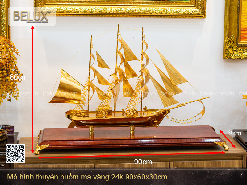 Mô Hình Thuyền Buồm Mạ Vàng 24k 90x60x30cm