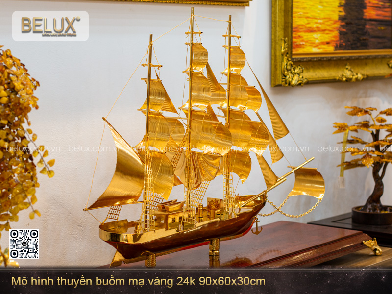 Mô Hình Thuyền Buồm Mạ Vàng 24k 90x60x30cm
