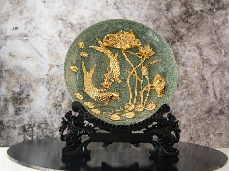 Đĩa Cá Chép Hoa Sen Dát Vàng 24K D20 Xanh Ngọc