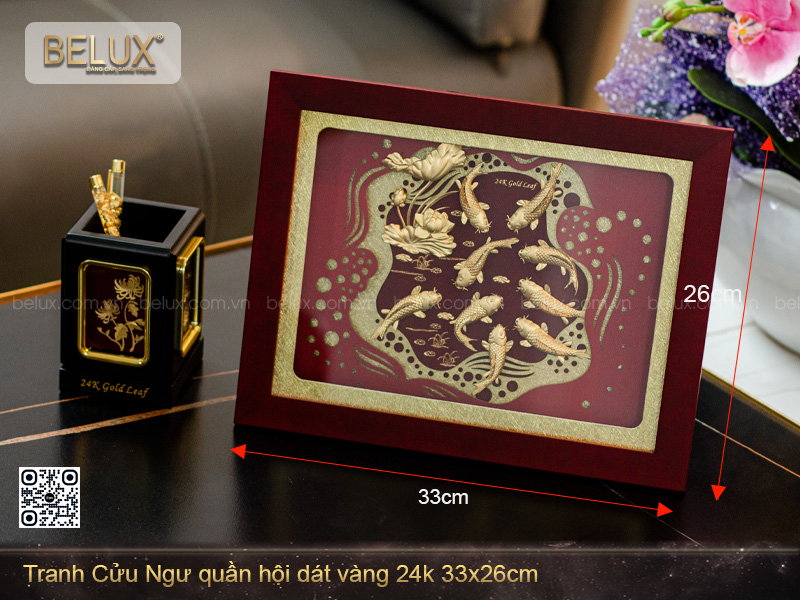 Tranh Cửu Ngư Quần Hội Dát Vàng 24k 81x81cm