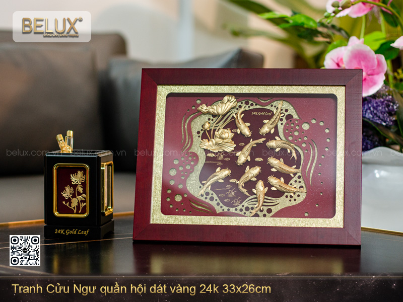 Tranh Cửu Ngư Quần Hội Dát Vàng 24k 81x81cm