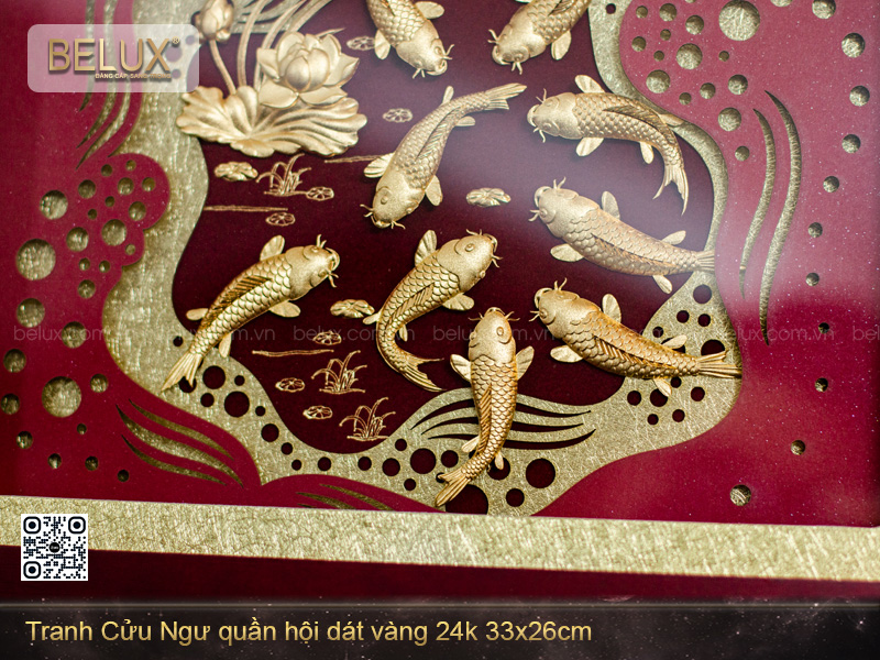 Tranh Cửu Ngư Quần Hội Dát Vàng 24k 81x81cm