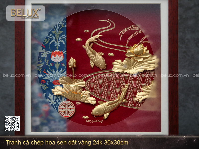 Tranh cá chép hoa sen dát vàng 24k KT 30x30cm