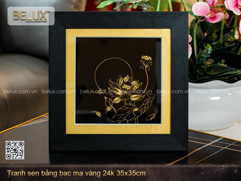 Tranh Sen Bằng Bạc Mạ Vàng 24k 35x35cm