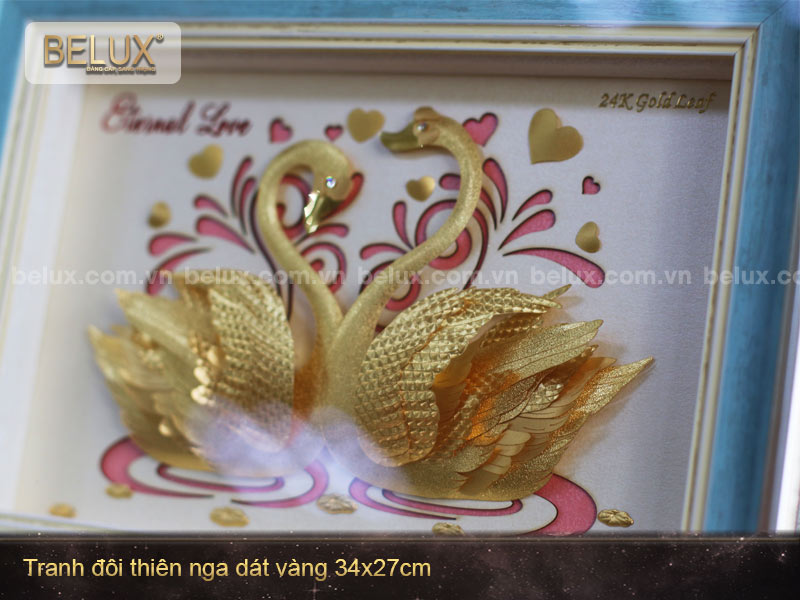Tranh Đôi Thiên Nga dát vàng 24k 34x27cm