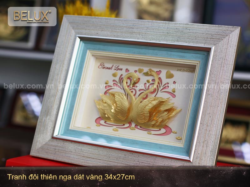 Tranh Đôi Thiên Nga dát vàng 24k 34x27cm