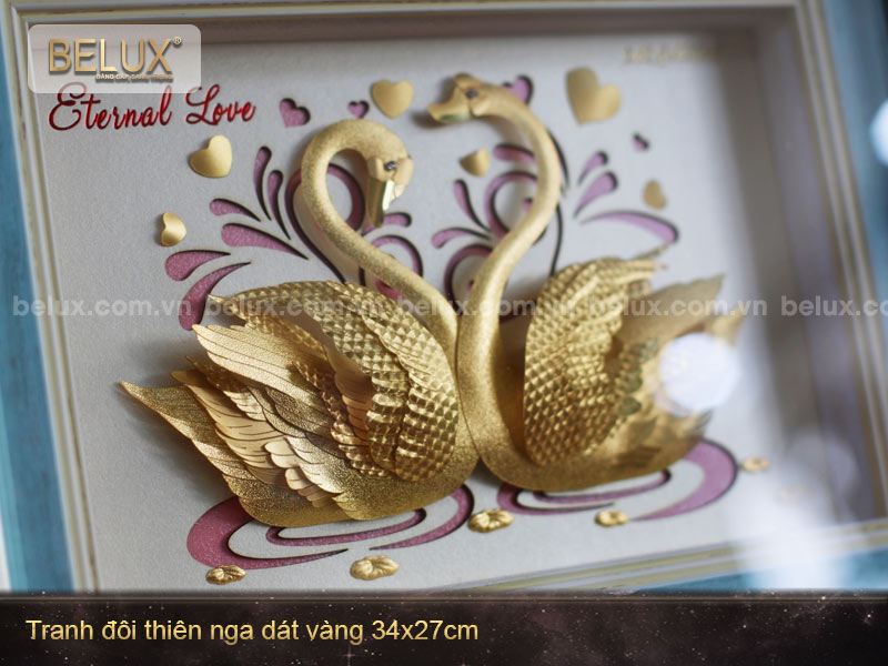 Tranh Đôi Thiên Nga dát vàng 24k 34x27cm