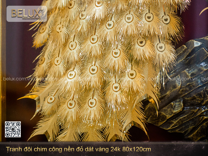 Tranh Đôi Chim Công Nền Đỏ Dát Vàng 24k