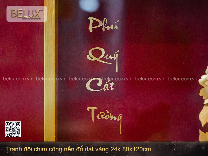 Tranh Đôi Chim Công Nền Đỏ Dát Vàng 24k