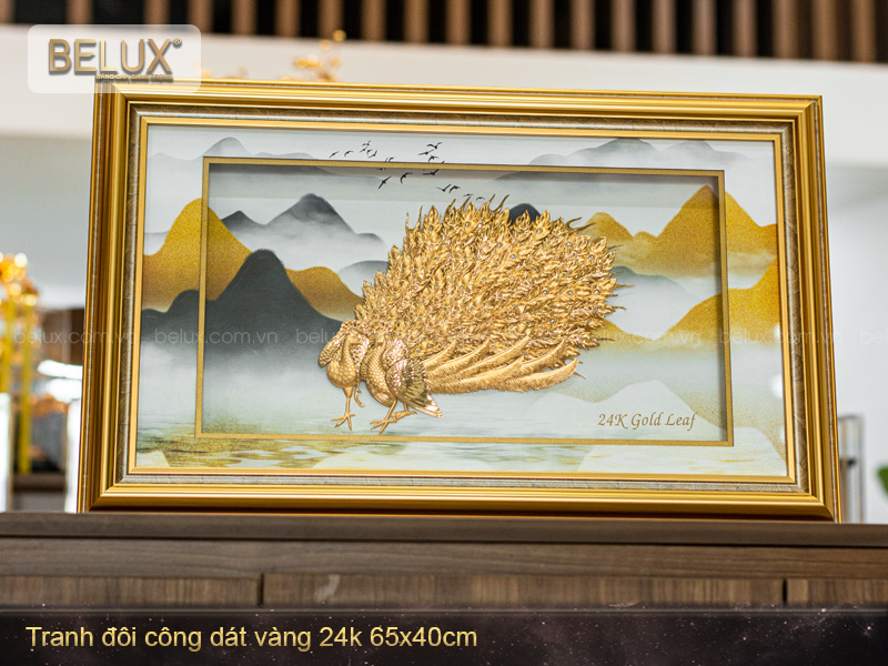 Tranh Đôi Chim Công Dát Vàng 24K 65x40cm Mẫu 2