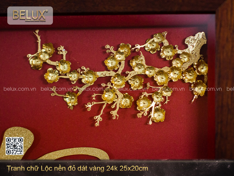 Tranh Chữ Lộc Nền Đỏ Dát Vàng 24k 25x20cm