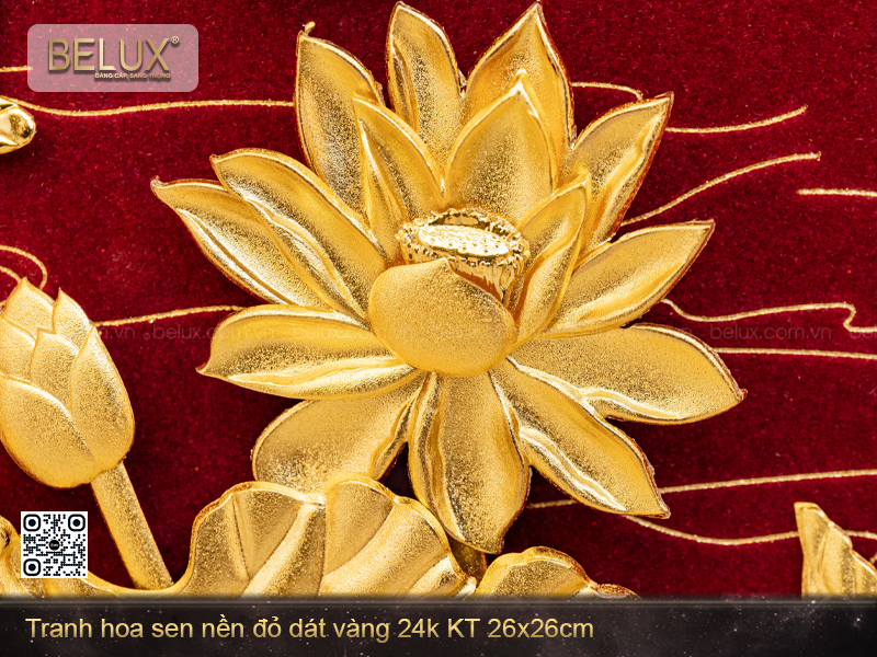 Tranh Hoa Sen Nền Đỏ Dát Vàng 24k KT 26x26cm