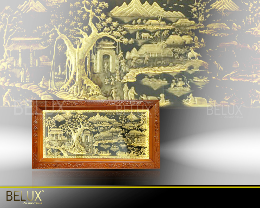 Tranh cội nguồn quê hương khung gỗ giả cổ