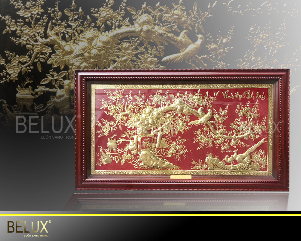 Tranh vinh hoa phú quý bằng đồng mạ vàng 24k nền đỏ