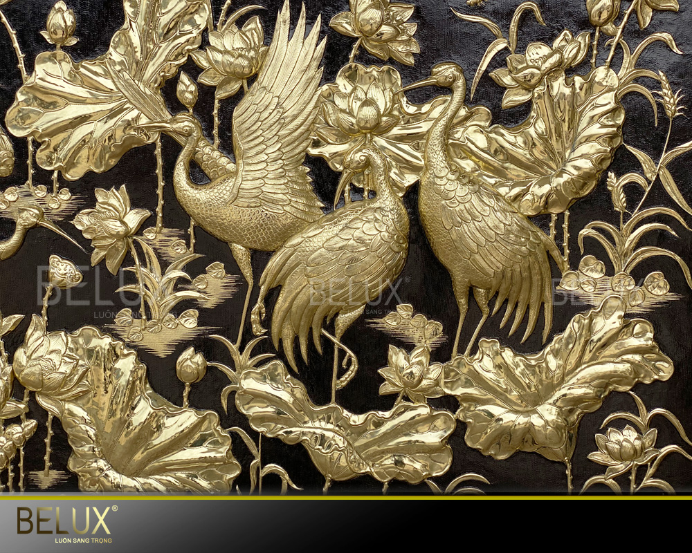 Tranh đồng sen hạc khung đồng 197x107cm