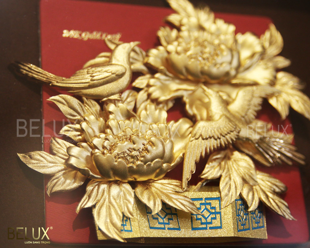 Tranh Đôi Chim Hỷ Tước Mẫu Đơn Dát Vàng 24k
