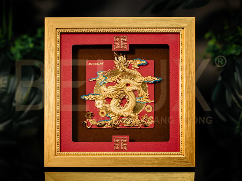 Tranh rồng kim long dát vàng 24K 24x24cm