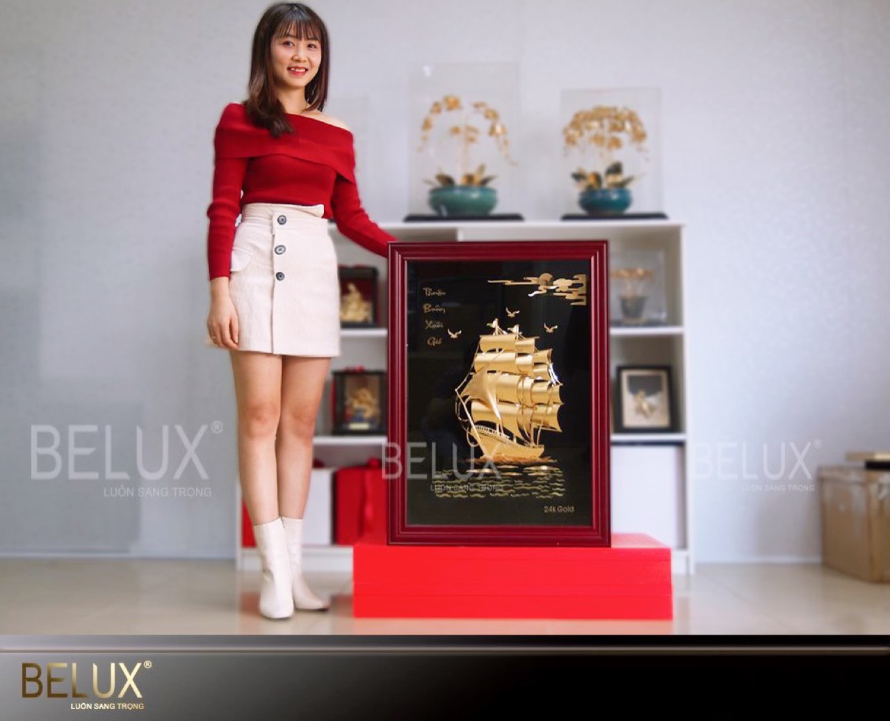 Tranh thuyền buồm dát vàng 24k 80x60cm