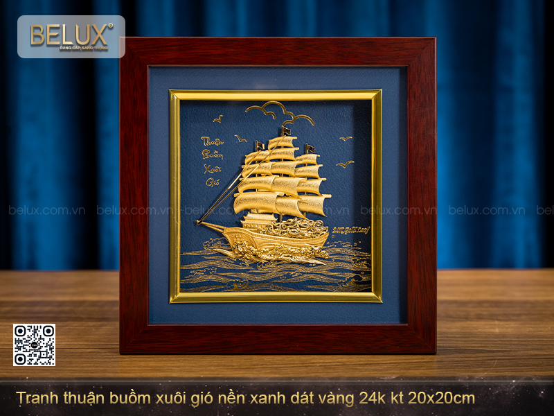 Tranh Thuận Buồm Xuôi Gió Nền Xanh Dát Vàng Kt 20x20cm