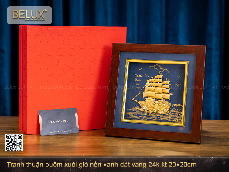 Tranh Thuận Buồm Xuôi Gió Nền Xanh Dát Vàng Kt 20x20cm