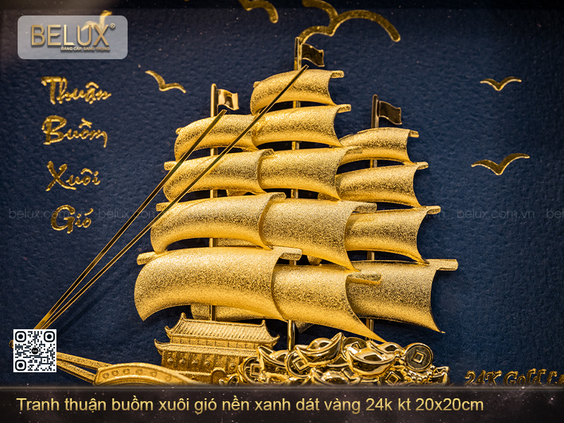 Tranh Thuận Buồm Xuôi Gió Nền Xanh Dát Vàng Kt 20x20cm