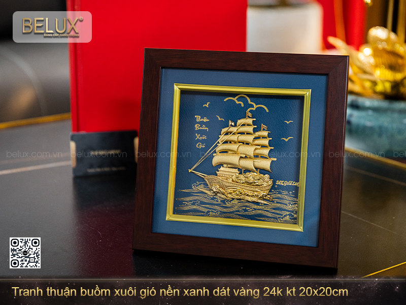 Tranh Thuận Buồm Xuôi Gió Nền Xanh Dát Vàng Kt 20x20cm