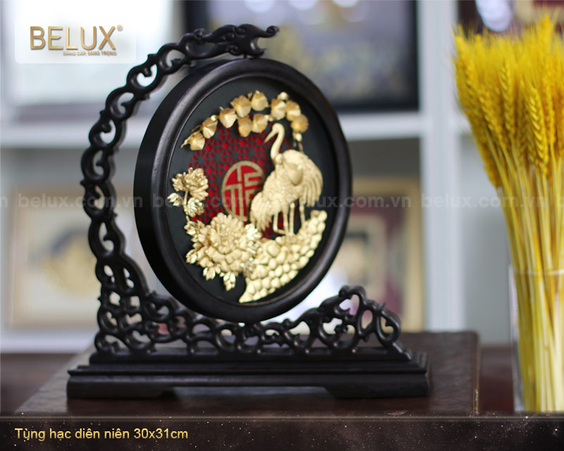 Tranh Tùng Hạc Diên Niên Dát Vàng 24K 30x31cm