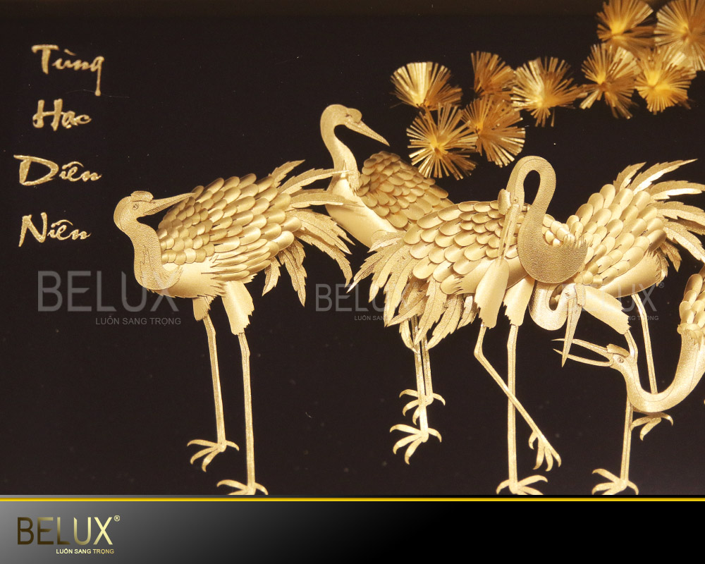 Tranh Tùng Hạc Diên Niên Dát Vàng 24K 81x42cm