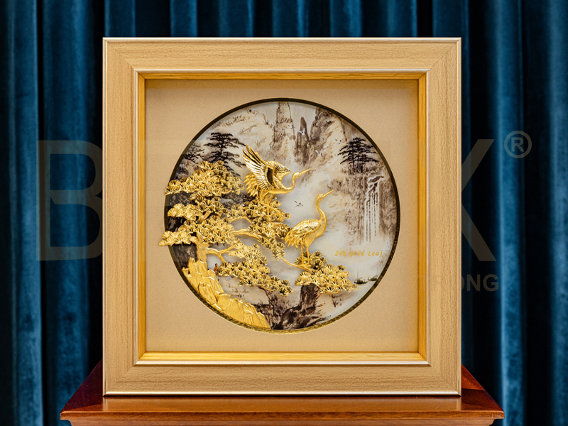 Tranh Tùng Hạc Dát Vàng 24k Kt 28x28cm
