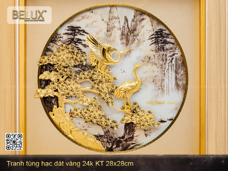 Tranh Tùng Hạc Dát Vàng 24k Kt 28x28cm